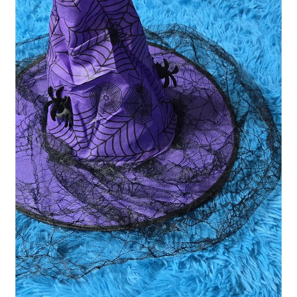 Halloween Witch Hat Purple/Black Spiderweb Pattern w/ Black Tulle, One Size